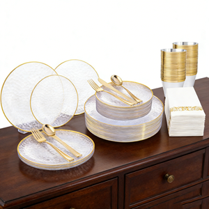 Assiettes de dîner noires 13 pouces, jetables, pour mariage, avec estampage à chaud or/rose/argent, ensemble de vaisselle en plastique pour fête, 25 sets avec motif marbre - Product Image 1