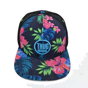 Hawaiian Floral Print Flat Brim Snapback trucker Cap Hat With 3D Embroidery Patch Printing Underbrim Mesh Trucker Hats Caps