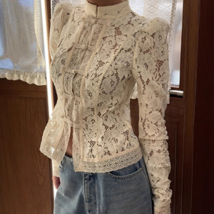 Chemisier Femme Chic et Tendance Style Européen et Américain, <span class=keywords><strong>Col</strong></span> Montant, Dentelle Florale Brodée, Coupe Ajustée, Idéal pour le Travail - Product Image 3