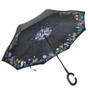 Горячая Распродажа, двухслойный зонтик без использования рук, С-образной ручкой, перевернутый обратный зонтик с индивидуальной печатью