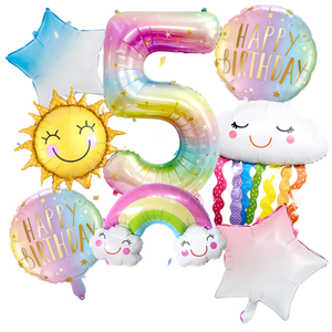 Ensemble de 8 ballons en aluminium arc-en-ciel pour <span class=keywords><strong>anniversaire</strong></span>, dégradé, numéro 5, soleil souriant, nuage, ballons en forme d'arc-en-ciel - Product Image 1