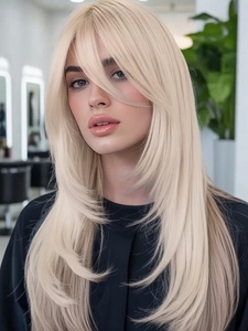 Perruque à lacet frontal 13*4 en cheveux humains non traités, couleur <span class=keywords><strong>blonde</strong></span> cendrée, coupe en couches, 60, cheveux humains doux, perruques à lacet frontal avec <span class=keywords><strong>frange</strong></span> - Product Image 1