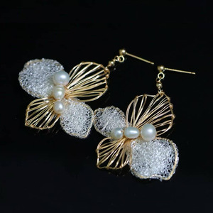 wholesale Handmade Dual Craft Floral <b>Drop</b> <b>Earrings</b>, USA Imported 14K Gold Filled, Natural Freshwater Rice Pearl Dangle <b>Earrings</b> - Product Image 1