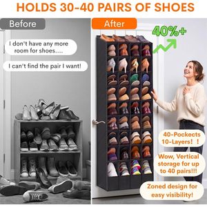 Over The Door Shoe Organizer 40 Pockets Large Deep Compartments For Boots Sneakers <b>Black</b> Non Woven Fabric Hanging Storage - Product Image 2