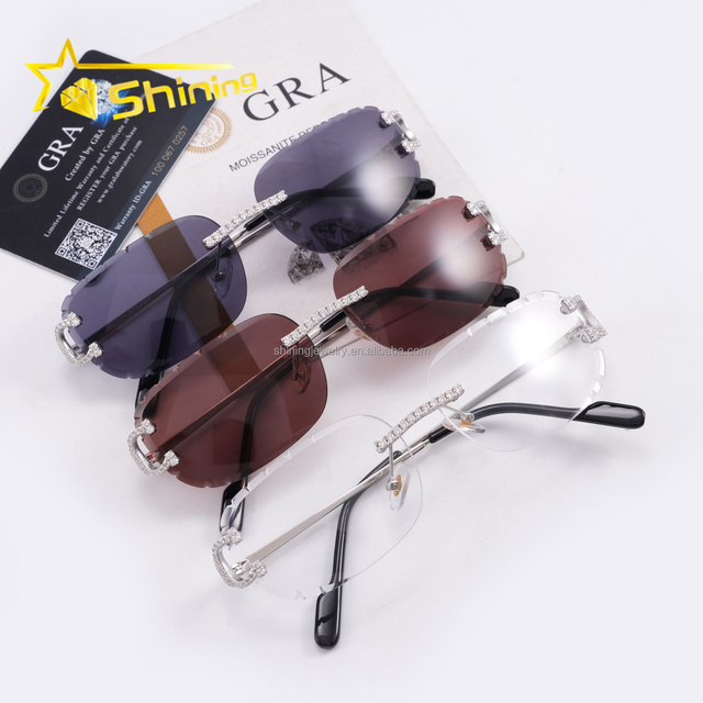 Fashion Jewelry Cross Style 925 Silver Temples Iced Out Colored Lenses Moissanite Glasses Iced Out Hip Hop Moissanite Sunglasses
