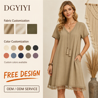 Robe Décontractée Femme Col V en Coton 200 GSM, Manches Courtes Unies, Coupe Évasée, Ourlet à Franges, Fluide et Doux, Personnalisable avec Logo OEM ODM, Tailles XS-5XL, Vente en Gros