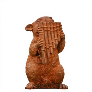 Estatua de Ardilla Marrón Oxidada Hecha a Mano Tocando la Flauta de Pan, Decoración de Jardín Estilo Vintage - Product Image 1