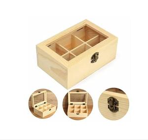 Handmade Wood Craft 6 Compartments Wooden Tea Bag Box Wooden Jewelry Storage Box With Glass Top