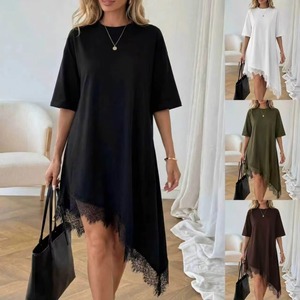 5615 #    <span class=keywords><strong>Robe</strong></span> t-shirt décontractée pour femmes, manches courtes, ourlet irrégulier, garniture en dentelle, 4 couleurs - Product Image 3