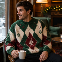 Pull de Noël personnalisé pour homme, col rond, tricoté, motif Argyle flocon de neige, OEM sur mesure