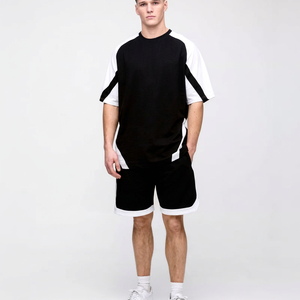 Conjunto de Camiseta de Manga Corta y Pantalones Cortos para Hombre, Cuello Redondo, Blanco y Negro, Corte Holgado, 100% Algodón, Secado Rápido, Transpirable, Estilo Casual para Verano - Product Image 1