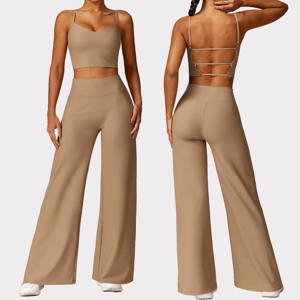 Fitness Yoga Two-piece Set Solid Breathable Spandex/Nylon High Quality Gym Vest Workout Flare Leggings Elastic Waist Athletic