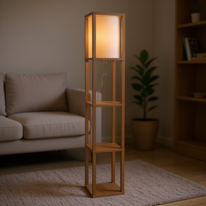 Lámpara de Pie de Madera Natural con Pantalla de Papel Beige, Base E27, Diseño Rectangular, Control de Interruptor, para Dormitorio o Sala de Estar - Product Image 2
