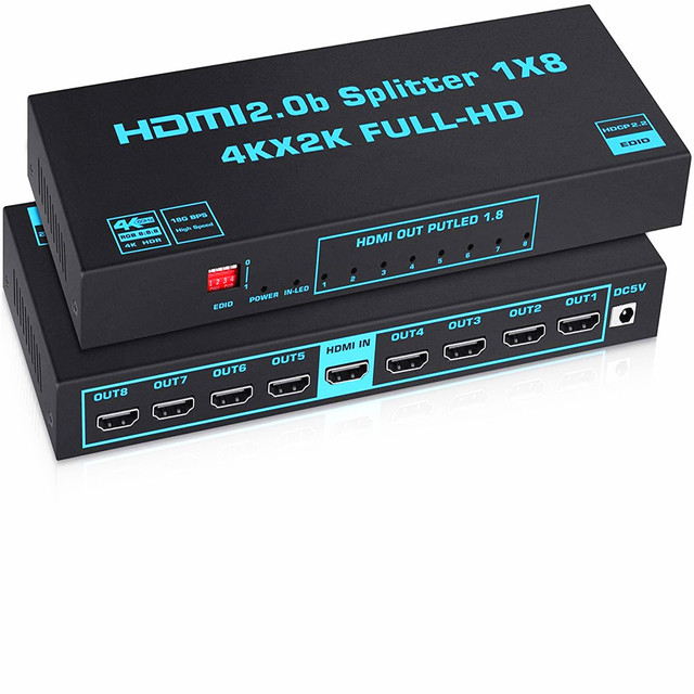 TV-link 4K Full-HD for 2.0b Splitter 1x8 8-Port 1-in-8-Out with HDCP 2.2 HDR Scalar Metal Iron Construction Black