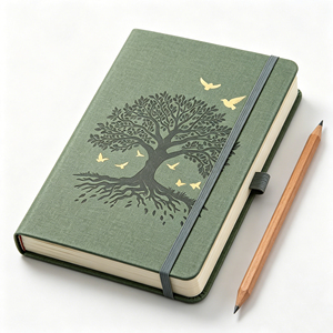 Green Fabric <b>Diary</b> With Tree and Birds Design Hardcover Sewing Binding Uv Printing <b>A5</b> Size - Product Image 3