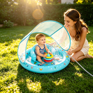 Alfombra Inflable para Bebés con Anillos Apilables, Alfombra de Juego con Toldo y Respaldo para Niños Pequeños, Jardín, Playa, Patio Trasero - Product Image 2