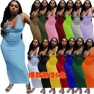 Wholesale Spring and summer V-neck casual women dress solid color Long Sleeve Bodycon slim sexy long dress ladies clothes