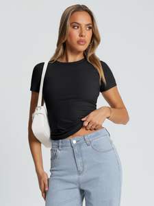 Camiseta de alta calidad para mujer, Camisetas Básicas de manga corta ajustadas, Camiseta corta suave con cuello redondo, ropa de moda de gimnasio bonita de verano - Product Image 2