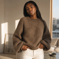 Pull en mohair pour femme, surdimensionné, en tricot moelleux, marron, à manches lanternes, élégant, style français, doux, tricot d'hiver