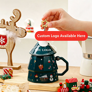 Kerstmokken van porselein met deksel, modern, schattig, 3D-boomdesign - zakelijke cadeaus voor thee/koffie - Product Image 5