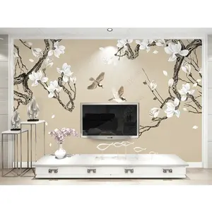 Customized HD Hot Sale Hand Painted Magnolia Flower Bird Living Room TV Background Printed Wallpaper