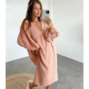 2023 nuova collezione eleganti abiti da donna in cotone pigiama Casual con scollo a V maniche a lanterna indumenti da notte larghi per le notti estive - Product Image 1