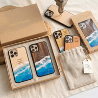 Coque de téléphone en bois de noyer et résine époxy, motif vague océanique, personnalisable, vente en gros