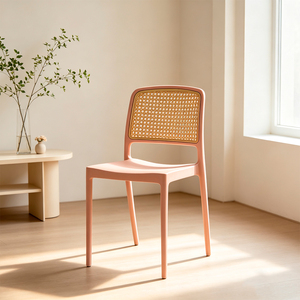 Modern Pink <b>Plastic</b> <b>Dining</b> <b>Chair</b> With Woven Backrest Stackable Design Contemporary Home Furniture - Product Image 1