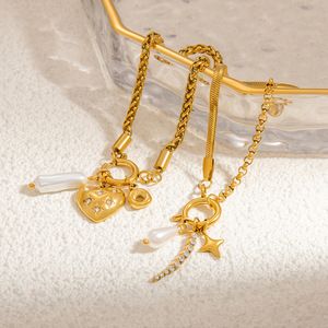 Pulsera de Moda con Dijes, Chapada en Oro de 18K, Colgante de Corazón con Perla, Aleación de Zinc, Joyería para Mujer, Regalo - Product Image 4