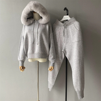 Ensemble deux pièces de luxe décontracté en tricot pour femme, pull à capuche avec col en fausse fourrure, coupe ample, doux, en laine, pour l'automne et l'hiver