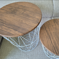 Table de salon panier en fil métallique de stockage à domicile table basse ronde avec couvercle en bois