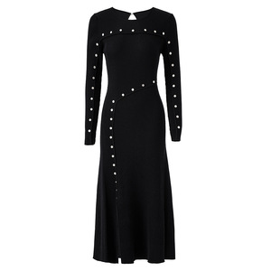 Nuovo Abito Francese Lavorato a <span class=keywords><strong>Maglia</strong></span> di Alta Qualità, <span class=keywords><strong>Nero</strong></span> Elegante con Spacco Irregolare e Bottoni, Maniche Lunghe per Uso Quotidiano - Product Image 6