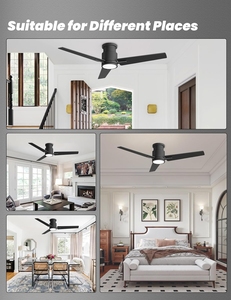 Ventilateur de <span class=keywords><strong>plafond</strong></span> ETL encastré à 3 pales de 52 pouces avec lumière et contrôle mural, LED 22W, 3000K, non gradable, finition noire, 3 vitesses - Product Image 6