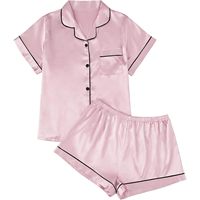 Ensemble de pyjama en satin polyester/coton pour femme, 2 pièces, chemise à manches courtes boutonnée et short, vêtements de nuit et de détente, rose avec bordure noire