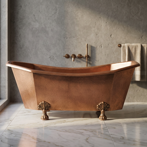 Bañera de Cobre Portátil Independiente con Patas, Faldones Laterales Dobles, para Baño de Lujo Moderno en Hoteles, Artesanía India, con Tapa Ovalada - Product Image 1