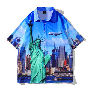 Kemeja Pria Motif Patung Liberty Kancing Depan Lengan Pendek Model Kuba Hawaii untuk Pantai - Product Image 1