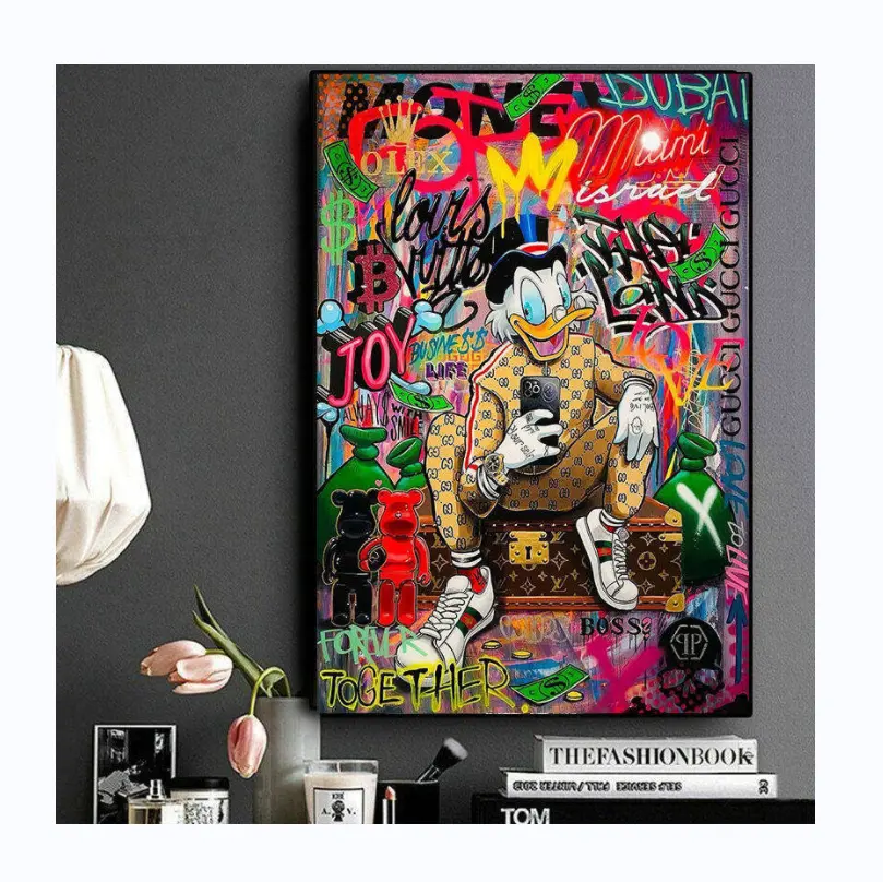 Cartoon Duck Graffiti Geld Wall Art Foto 'S En Street Pop Art Posters Gedrukt Op Canvas Voor Thuis Badkamer Kamer Decor