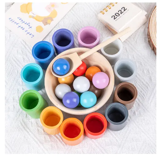 free sample Montessori wooden colored game balls in cups Educational Exercise Hand-Eye intelligence Games baby toy