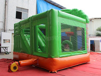 Structure gonflable commerciale en PVC sur le thème du zoo animalier, avec toboggan et château rebondissant pour enfants