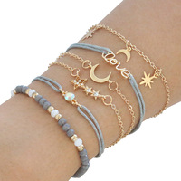 Bracelet chaîne en alliage de zinc plaqué or, style bohème vintage, avec lune, étoile et cœur, pour femme, idéal pour un anniversaire - Vente en gros