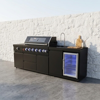 Îlot de cuisine extérieur de luxe moderne avec barbecue à gaz et réfrigérateur intégré, station BBQ modulaire en acier inoxydable
