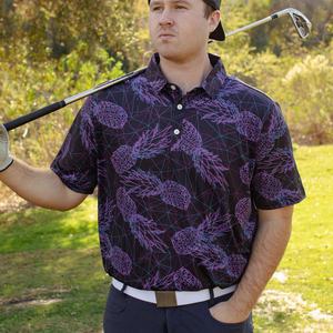 Polo de golf Tech Premium en polyester, sans col, à rayures brunes, motif abstrait années 90, performance optimale - Product Image 3