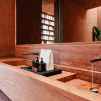 BYT001 Plan de toilette en travertin rouge double sur mesure, lavabo intégré en marbre, lavabo en pierre naturelle, fabricant