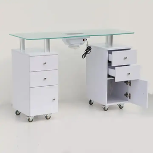 Table <span class=keywords><strong>de</strong></span> manucure portable blanche moderne et économique pour écoles, spas, salons <span class=keywords><strong>de</strong></span> beauté et usage commercial, avec plateau en verre, ventilateur d'extraction et dépoussiéreur - Product Image 2