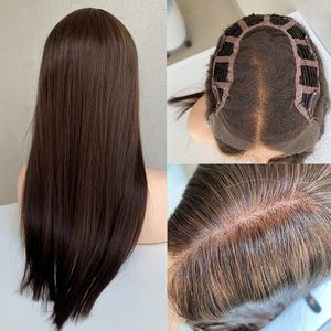 22Inch Handmade 100% Tóc Con Người Tóc Giả Nguyên HD Ren Phía Trước Với Sợi Ngang Cơ Sở Clip Tóc Mảnh Nâu Topper Cho Phụ Nữ - Product Image 2