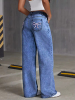 Jean décontracté taille haute à jambe large en denim bleu foncé, élégant et personnalisé, pour femme, grande taille, de haute qualité et écologique, avec fermeture éclair