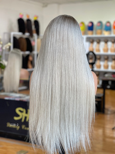 For Platinum Blonde Straight European Virgin Hair Full Frontal Lace Wigs with Transparent for Lace Glueless Light <b>Brown</b> Root - Product Image 4