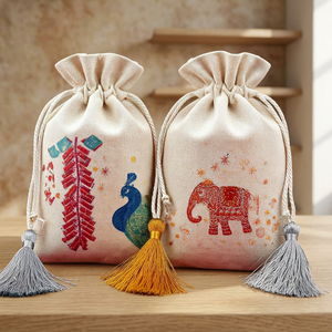 Sac en toile de coton à cordon de serrage au design unique, pochette de rangement réutilisable pour cadeaux, emballage, voyage et usage quotidien, disponible à la vente - Product Image 5