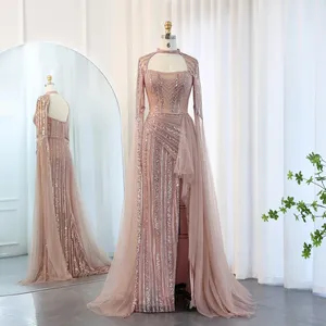 Luxus-Seenjungfrau staubfarbenes rosa Abendkleid mit Umhang Ärmel Schlitz elegant gelb blau Damen Hochzeit Party Kleider Sz003