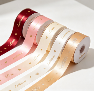 Ruban en satin rose avec imprimé cœurs dorés, ruban gros-grain en polyester pour emballage cadeau, décoration de bouquets, certifié OEKO‑TEX - Product Image 3